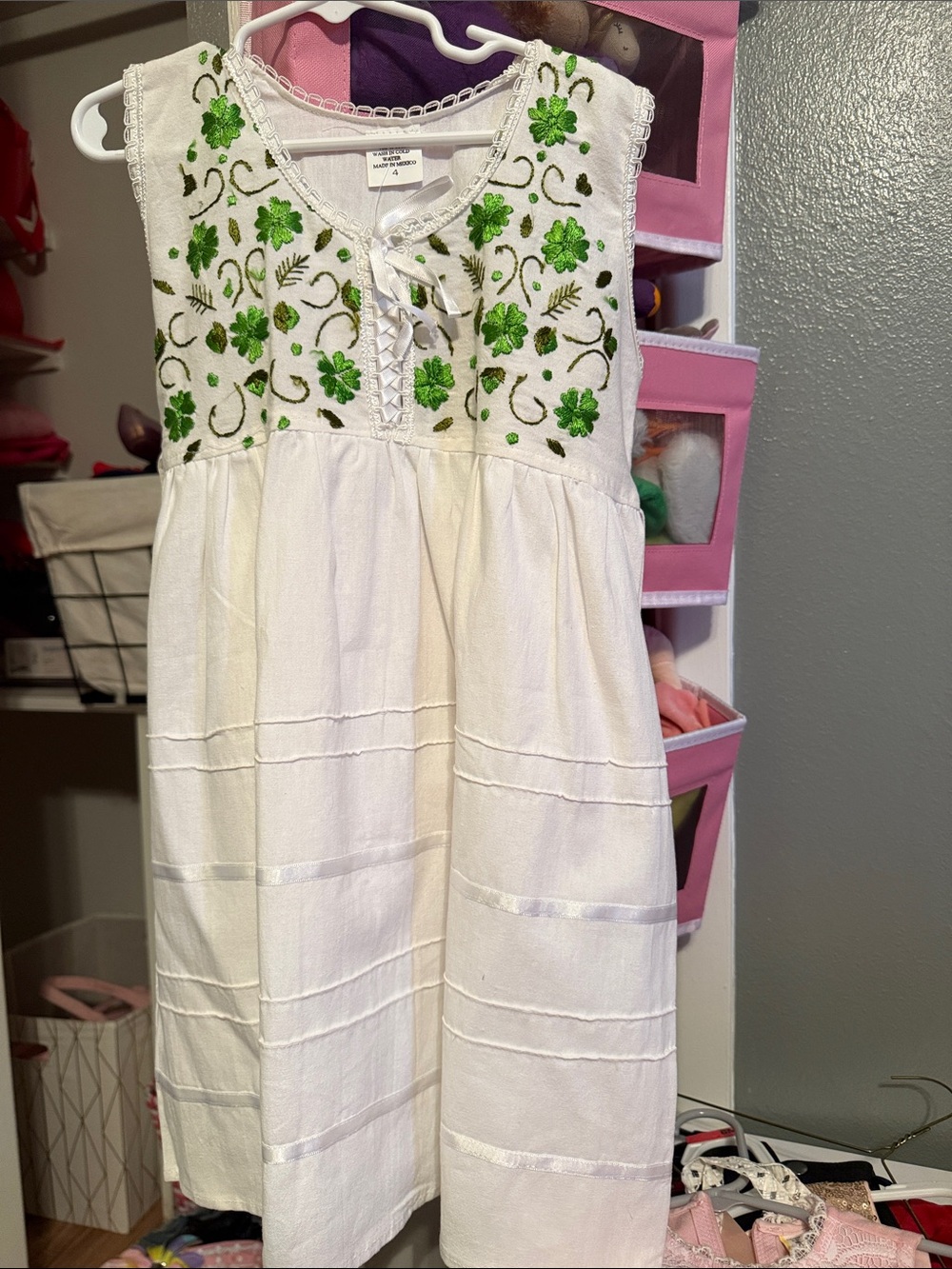 Girls White Dress with Green Embroidered Shamrocks Bodice